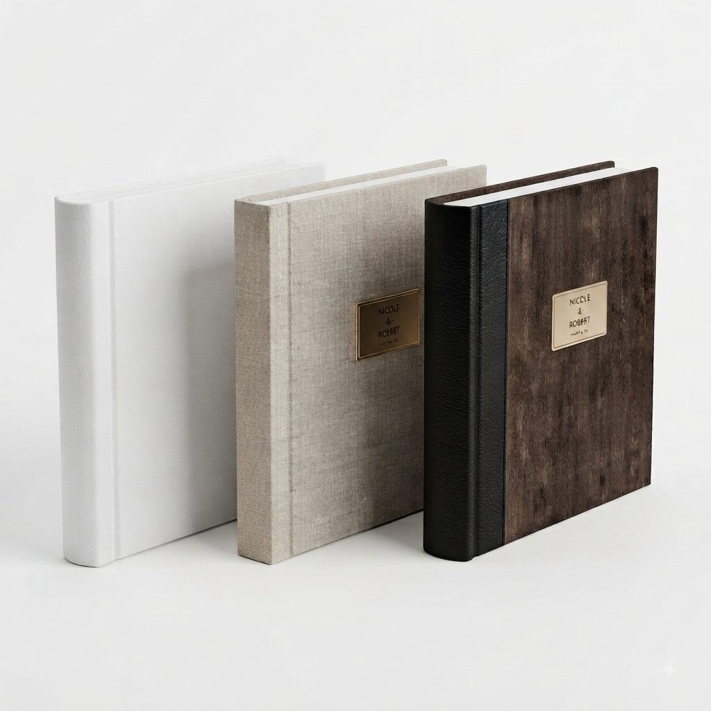 Three albums in fabric, leather and wood, 20 cm edition
