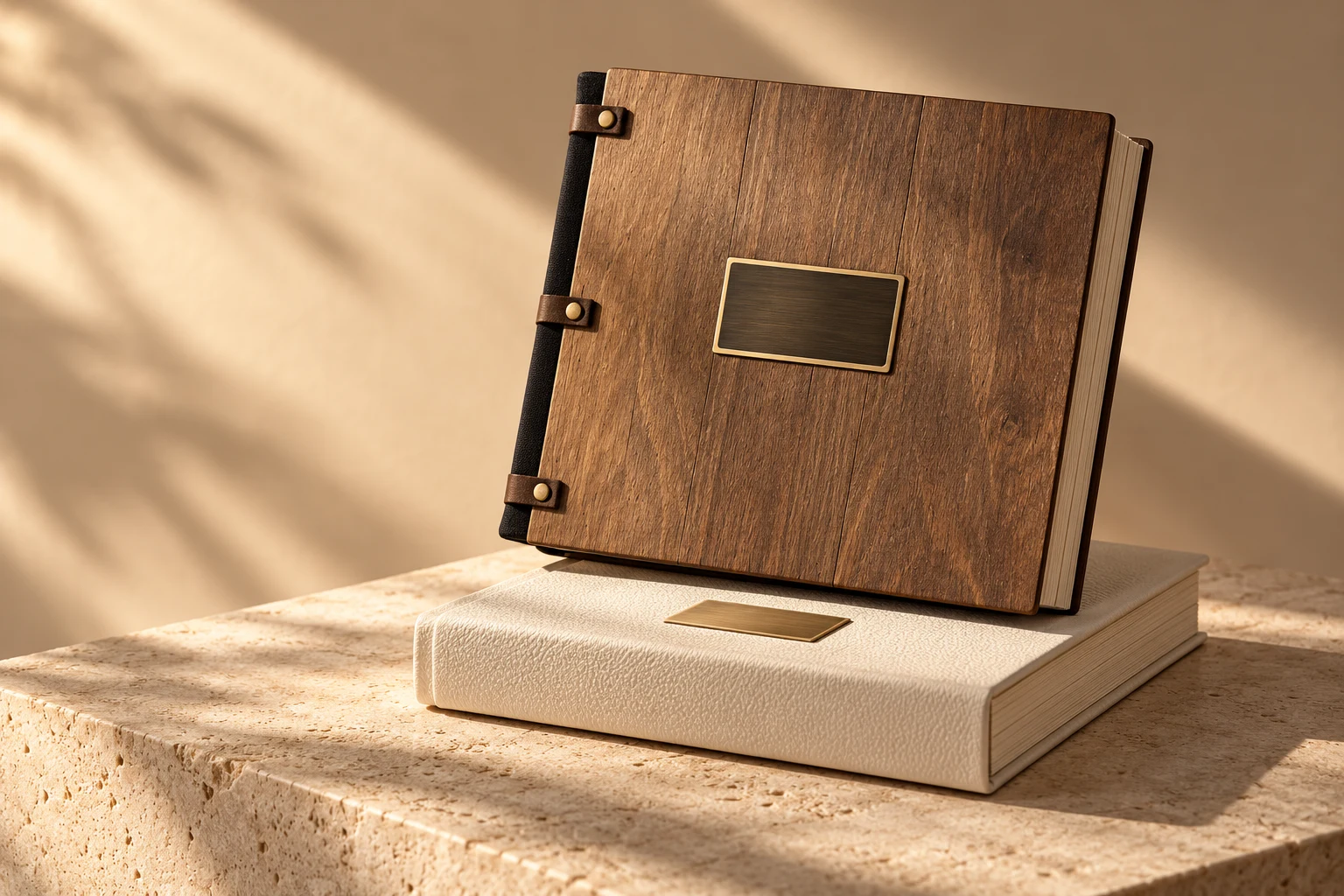 Wood and ivory photo albums in warm afternoon light